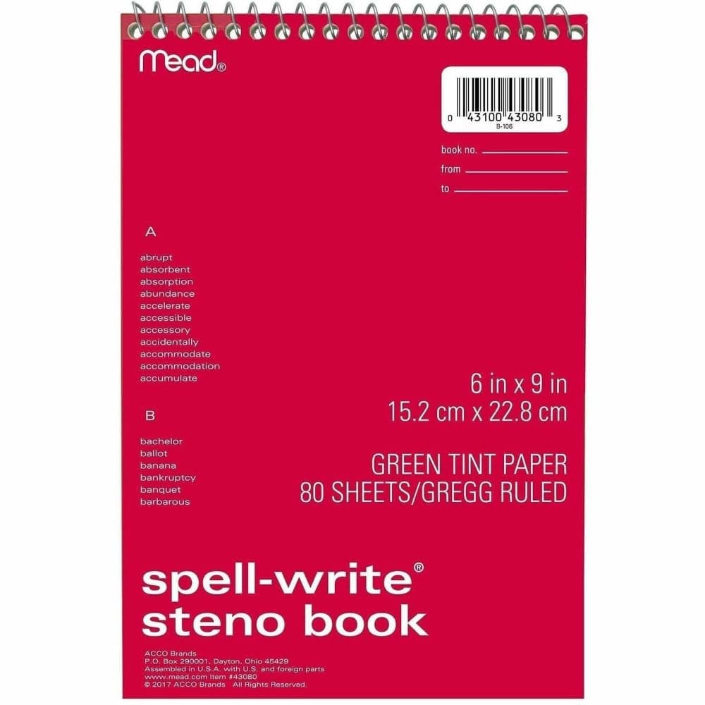 MeadWestvaco 43080 6" X 9" Spell-Write Wirebound Steno Book Assorted Colors