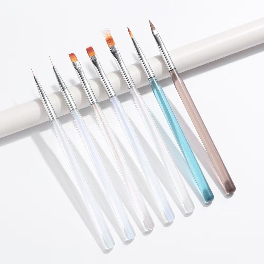 7Pcs Transparent Handle Nail Art Brush Set - Professional Gel Nail Brush Kit for Liner, Builder Gel, Ombre & Intricate Nail Art, Salon & DIY Manicure Supplies