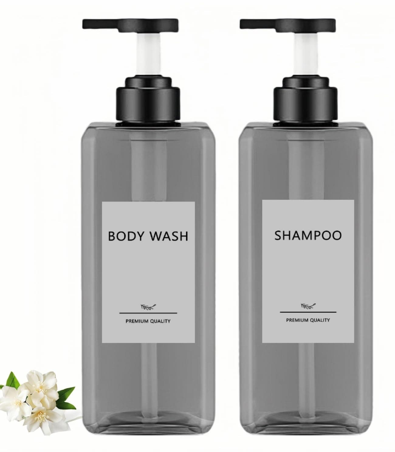 Abriclo Shampoo and Conditioner Dispensers 25OZ Refillable Large Shower Bottles 2Pack Hand Soap Dish Soap Dispenser with Waterproof Labels Square Pump Bottle for Bathroom and Kitchen- Gray, 750ml