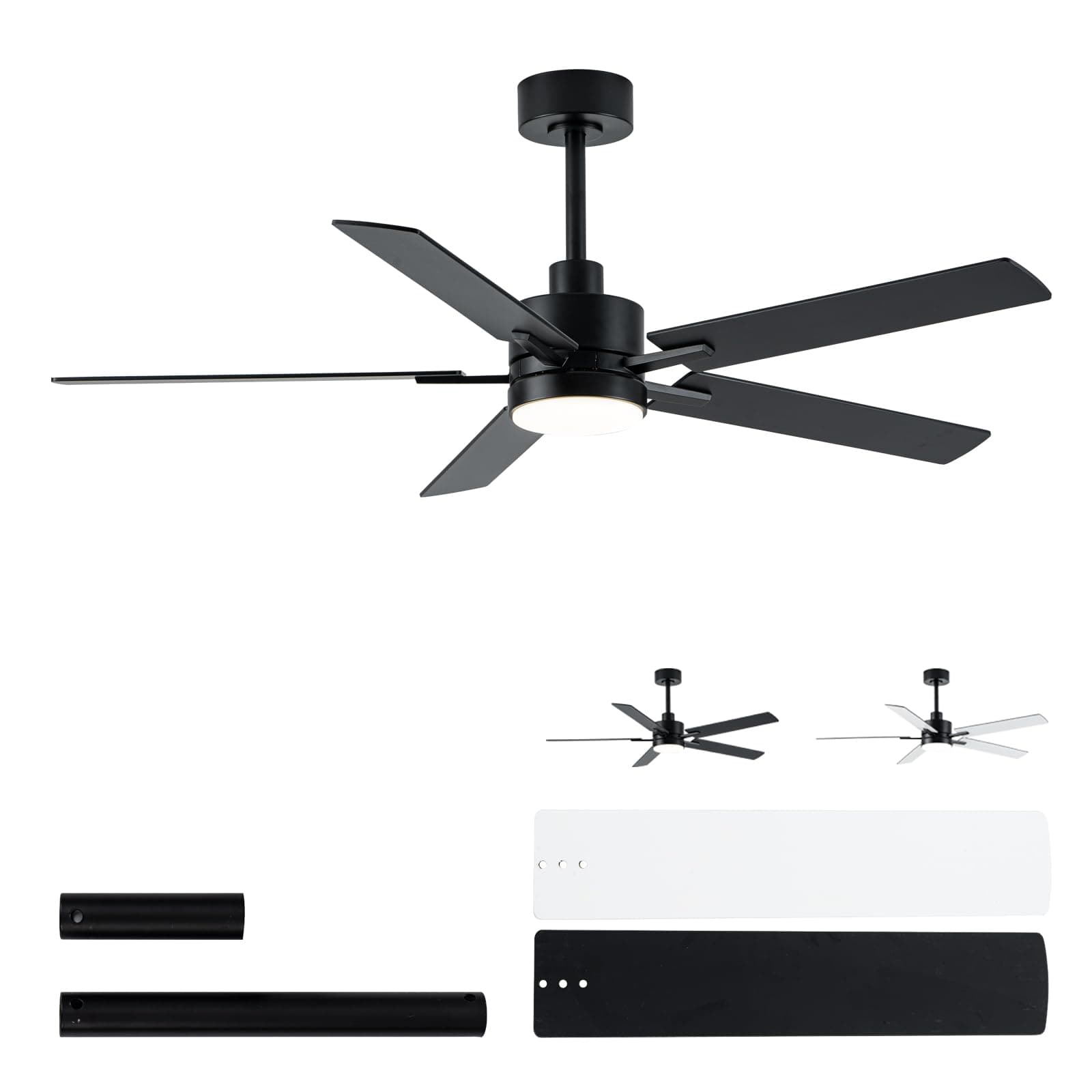 LANMEL 52'' Black Ceiling Fans with Lights and Remote, 6 Speed Low Profile Modern Ceiling Fan with Quiet DC Motor for Indoor Outdoor Bedroom Living Room