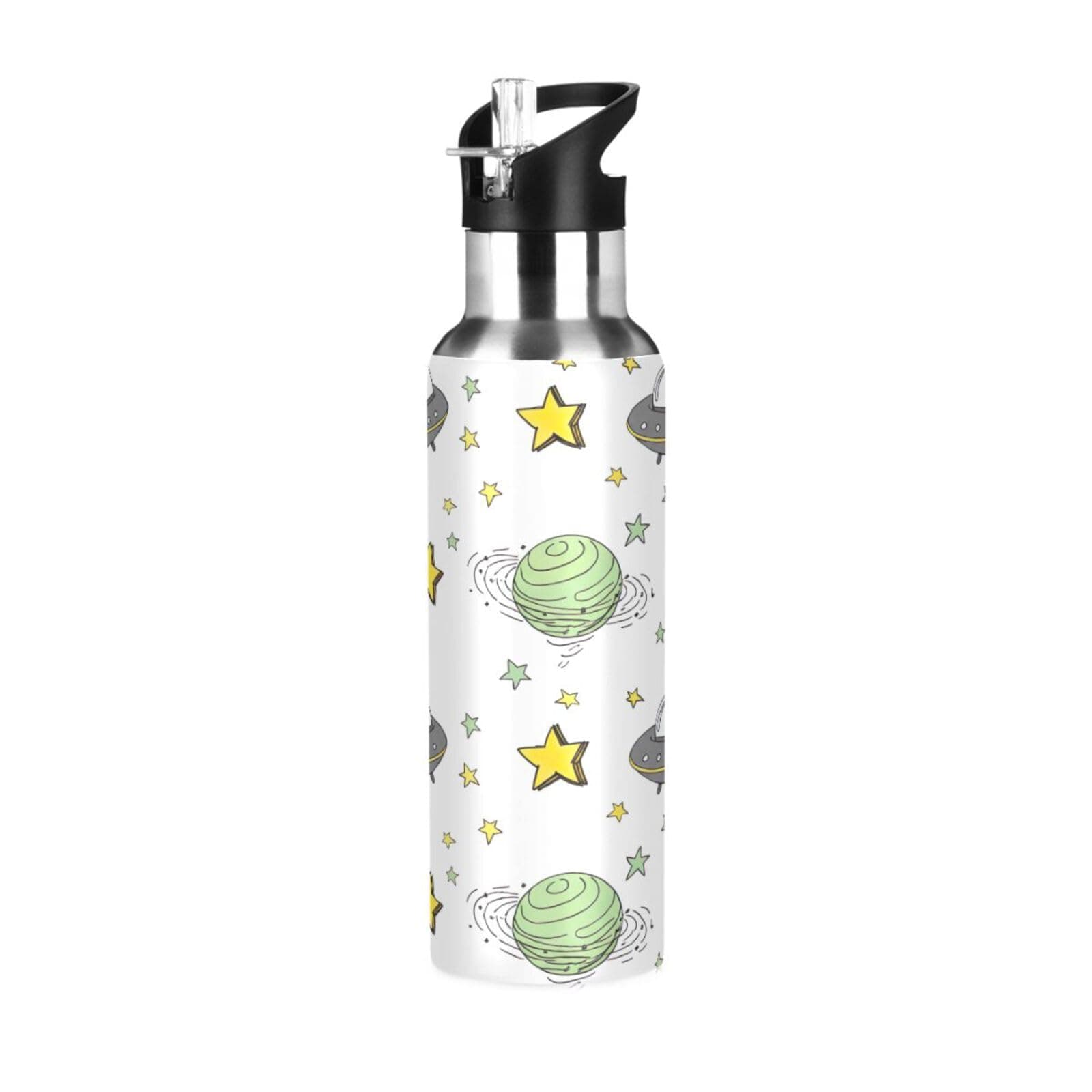 Insulated Stainless Steel Water Bottle with Straw 32 Oz, Leakproof Water Bottles for Gym Outdoor Travel School, Green Yellow Cartoon Planets