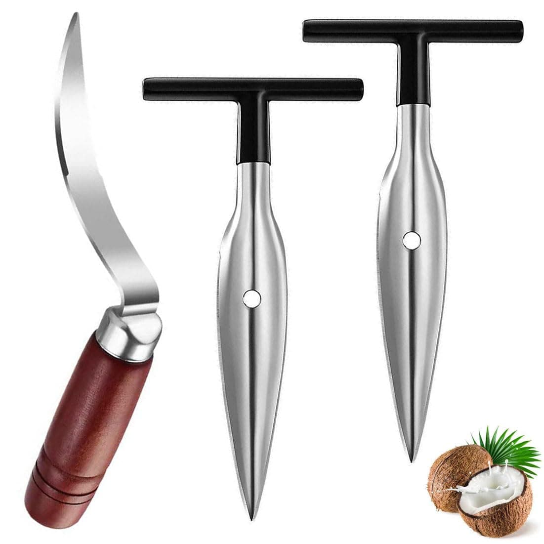 Coconut Tool,2 PCS Stainless Steel Coconut Puncher and Coconut Meat Remover,Reusable Coco Drill Punch Tool with Durable Wooden Handle Easy and Fast