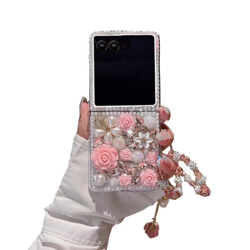 SupShop for Moto Razr 2023 Bling Case Luxury Cute 3D Rose Flowers Sparkly Diamond Glitter Crystal Rhinestone Pearl Handmade Phone Cover with Wrist Strap for Girls Women,Pink