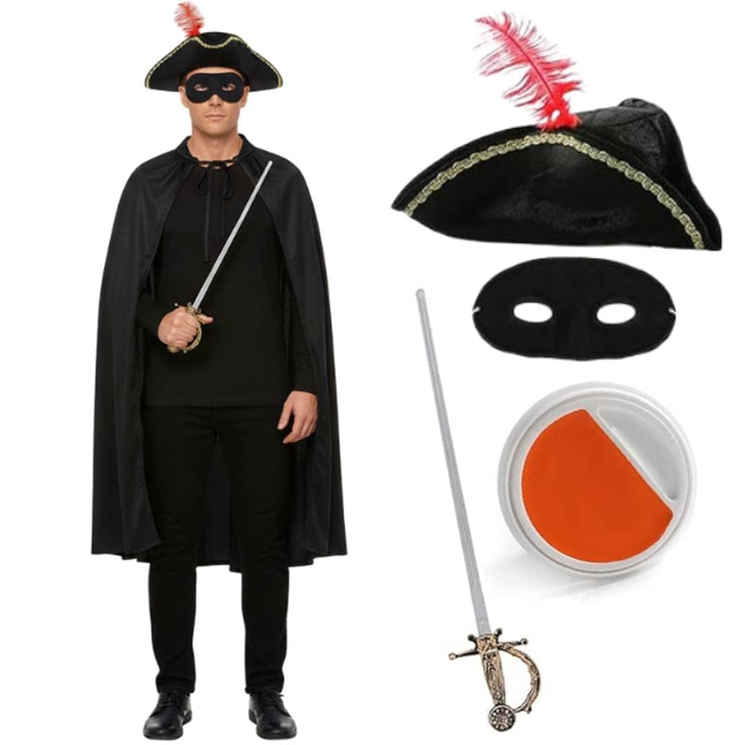 I LOVE FANCY DRESS Adults Cat Bandit Costume - Tricorn Hat, Black Cape, Eye Mask, Fake Sword and Orange & White Facepaint - Adults TV Movie World Book Day Fancy Dress Costume