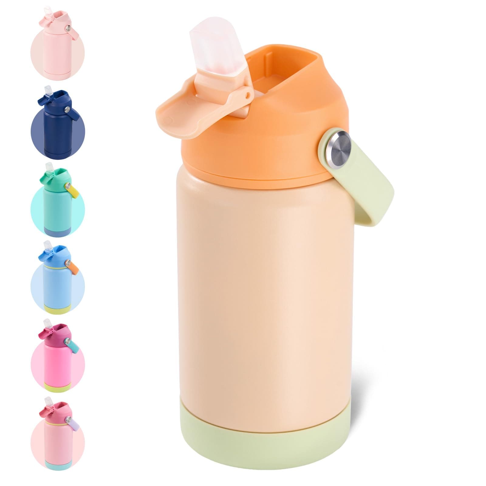 Kerilyn 12oz Kids Water Bottles for School Boys Girls, Leak-Proof Toddler Cup with Straws Lids,Stainless Steel Vacuum Insulated Bottle for Kids, BPA Free, Light Orange