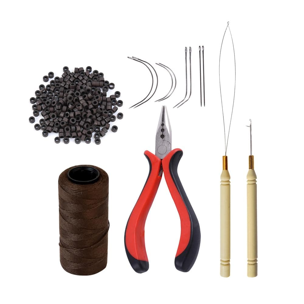 Hair Extensions Tool Kit: 200 Pcs Silicone Lined Micro Links Beads, 1 Three Hole Hair Pliers, 1 Roll Sewing Thread, 1 Loop Needle Threader, 1 Pulling Hook Needle, 8 Sewing Needles (Dark Brown)