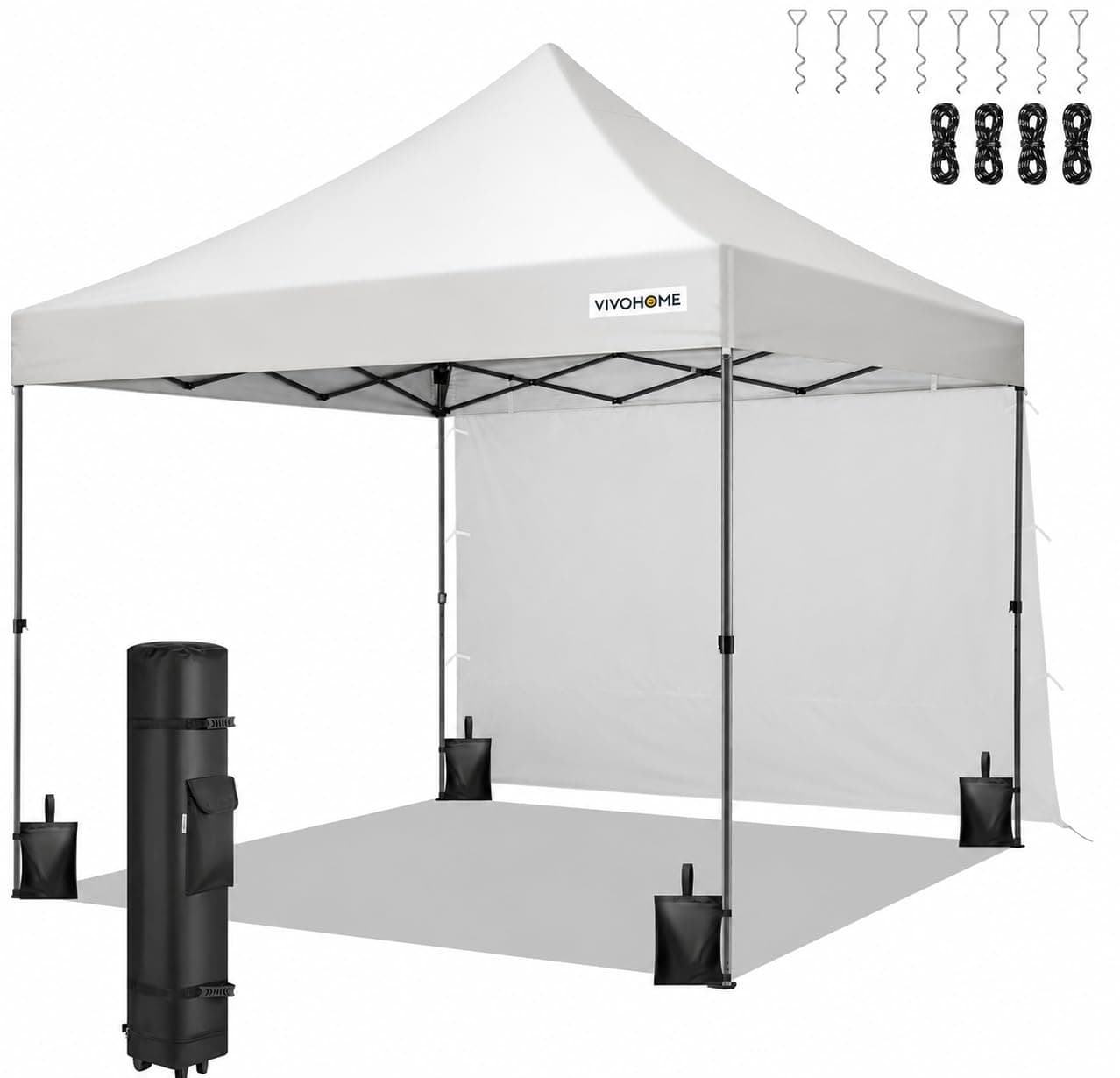 VIVOHOME 10x10 ft Easy Pop-Up Canopy, Outdoor Screen Tent with One Sidewall, and Roller Bag for Yard Camping Picnic Party Events, White