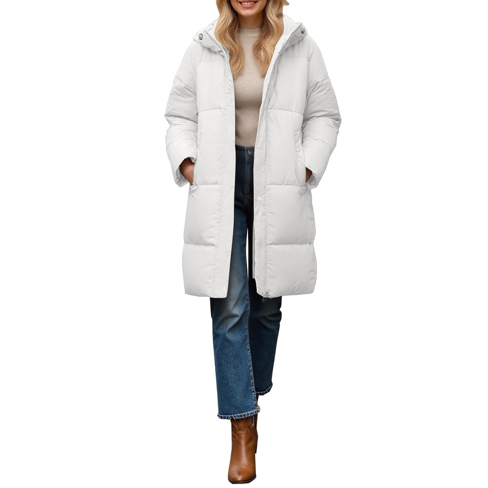 APRDFEU Long Puffer Coat Women Winter Jacket Zip up Down Jacket Warm Hooded Winter Coats for Women with Deep Pockets