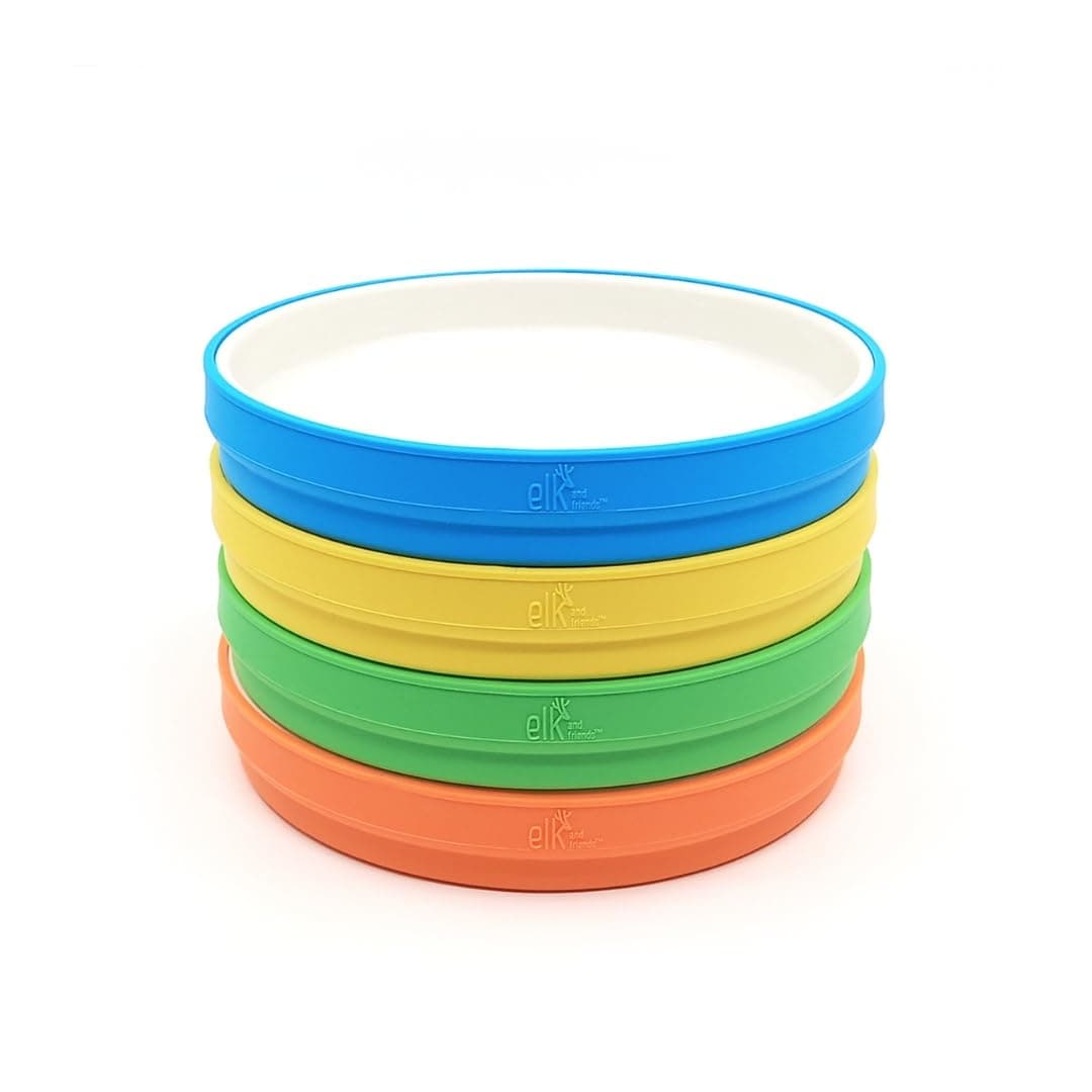 Elk and Friends Kids 7.8” Porcelain White Plates with Silicone Sleeves | Suitable for Kids/Toddlers | Microwave & Dishwasher Safe | Non Slip | Snack Dishes