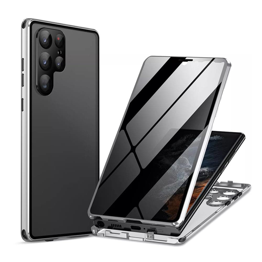 for Samsung Galaxy S25 Ultra S24,S23,S22 Series Magnetic Privacy Case Double-Sided Glass Metal Bumper,Anti-Peeping Screen Full Body Protection,with Lens Protection (Silver,S22PLUS)