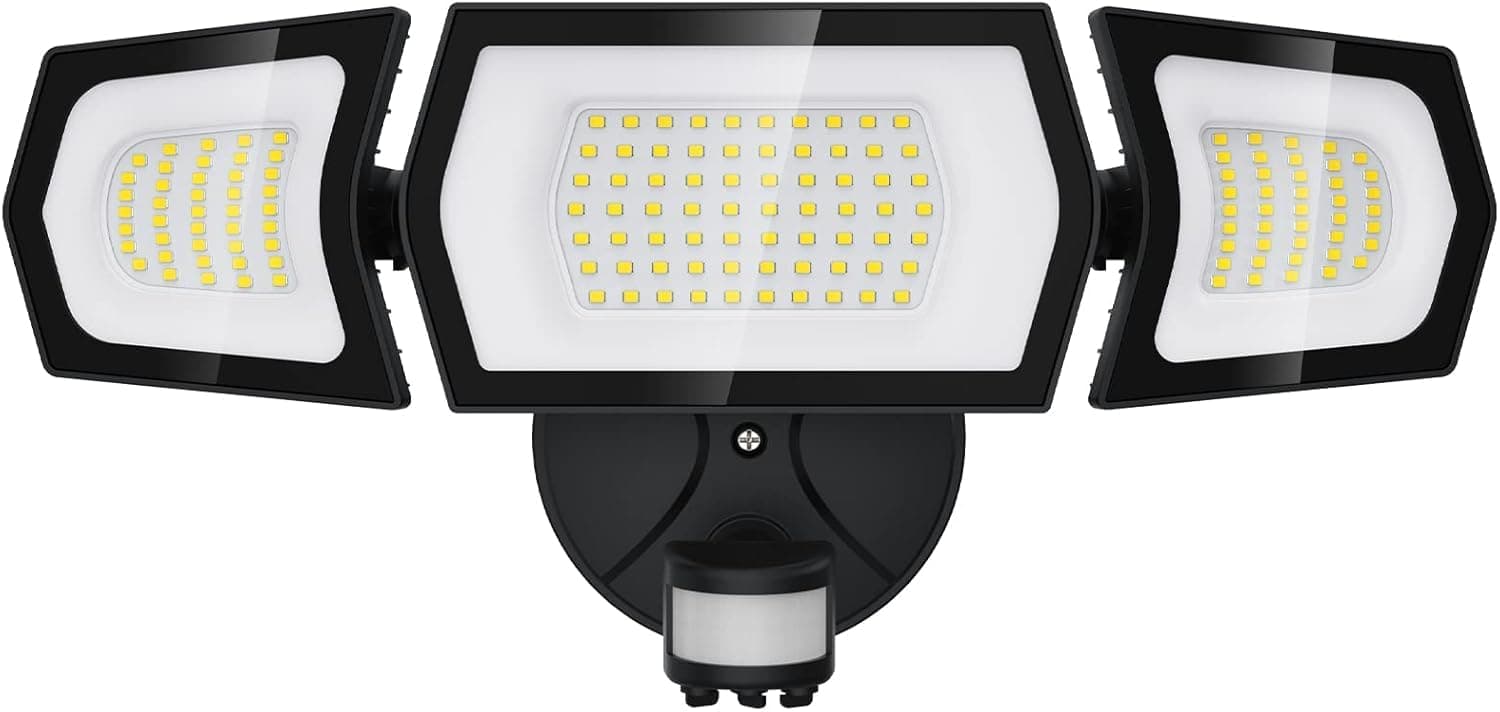 Atfoyer 100W LED Flood Light Outdoor Motion Sensor, 9000LM Security Lights Outdoor, 3 Head Adjustable Floodlight, IP65 Waterproof Exterior Floodlights, 6500K Motion Lights for Entryway, Yard, Garage
