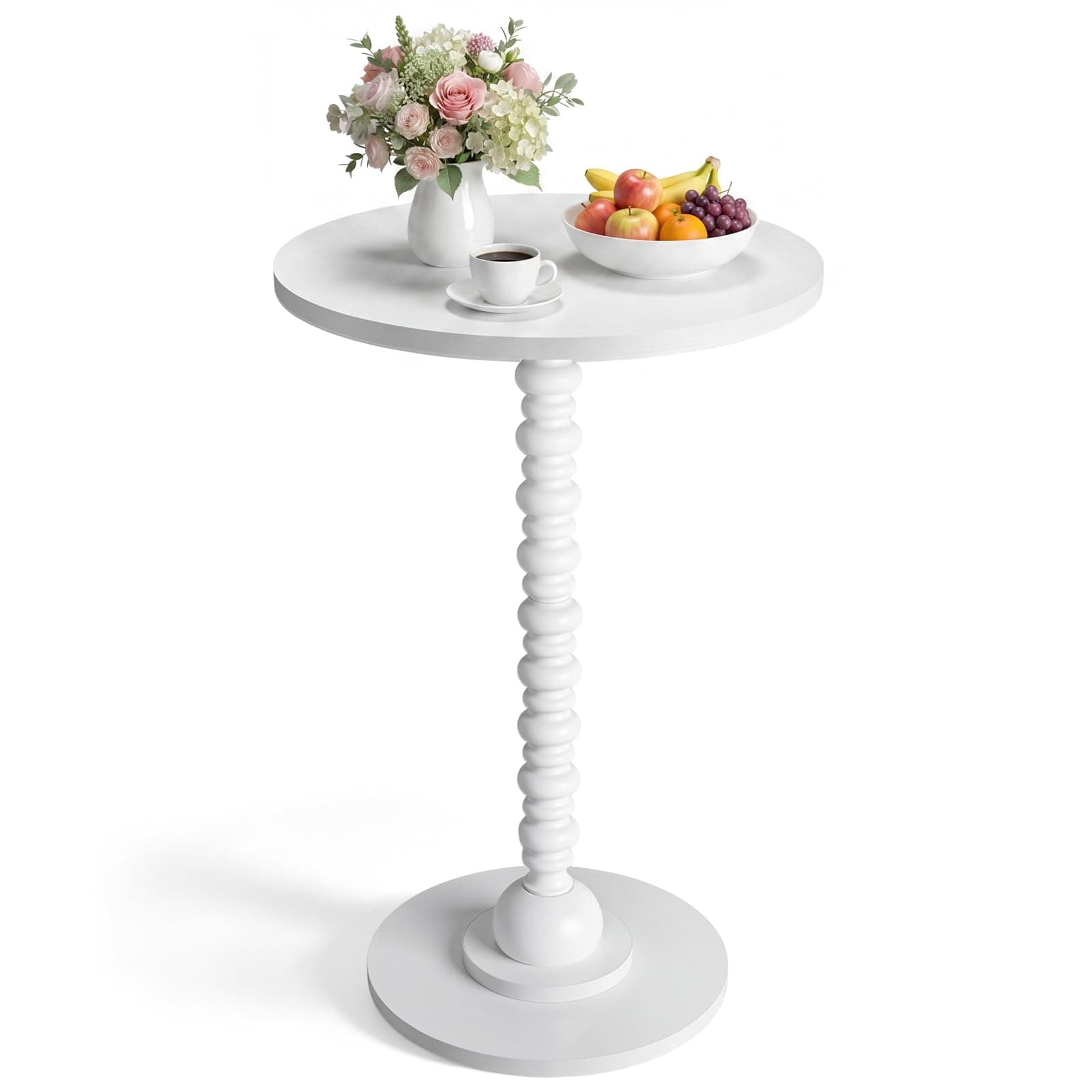 Novabright 15.7'' Round Side Table Small Drink Table for Small Spaces Modern Accent End Nightstand with Spindle Design Leg for Living Room Turned Solid Wood Side 24'' Height(White)