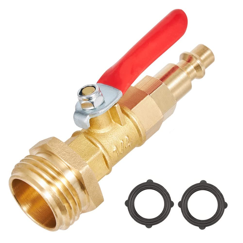 Kbrotech Brass Winterize Blowout Adapter, 1/4" Quick Connect & 3/4" GHT Thread, Ball Valve, 2 Pcs Washers, For Blow Out Water to Winterize Sprinkler Systems