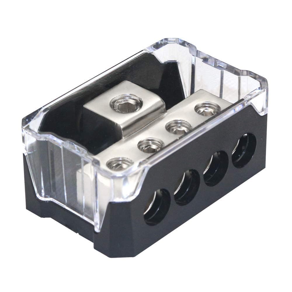 RKURCK 4 Way Power Distribution Block, 0/2/4 AWG Gauge in, 4/8/10 Gauge Out, Car Audio Stereo Amp Distribution Connecting Block for Audio Splitter (1 in 4 Out)
