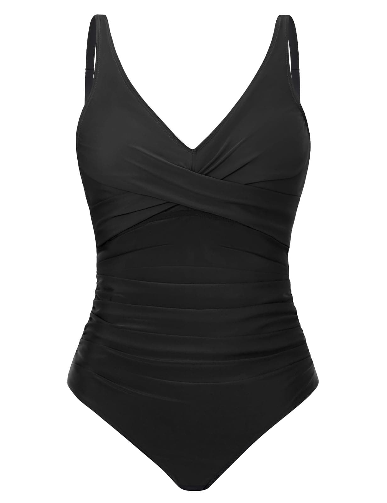 CMTOP Women's One-Piece Swimsuits V Neck Halter Swimming Costume Women Tummy Control Swimwear, Ruched Bathing Suit, Padded Push-Up Ladies Swimsuit for Beach,Pool,Spas(Black,L)