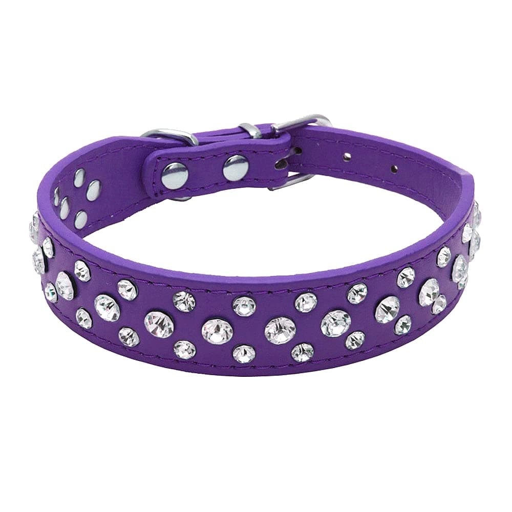 Pimaodog Rhinestone Dog Collar, Bling Rhinestone PU Leather Crystal Diamond Pet Dog Cat Puppy Collar Black S M L XL (M:26-32CM, Purple)