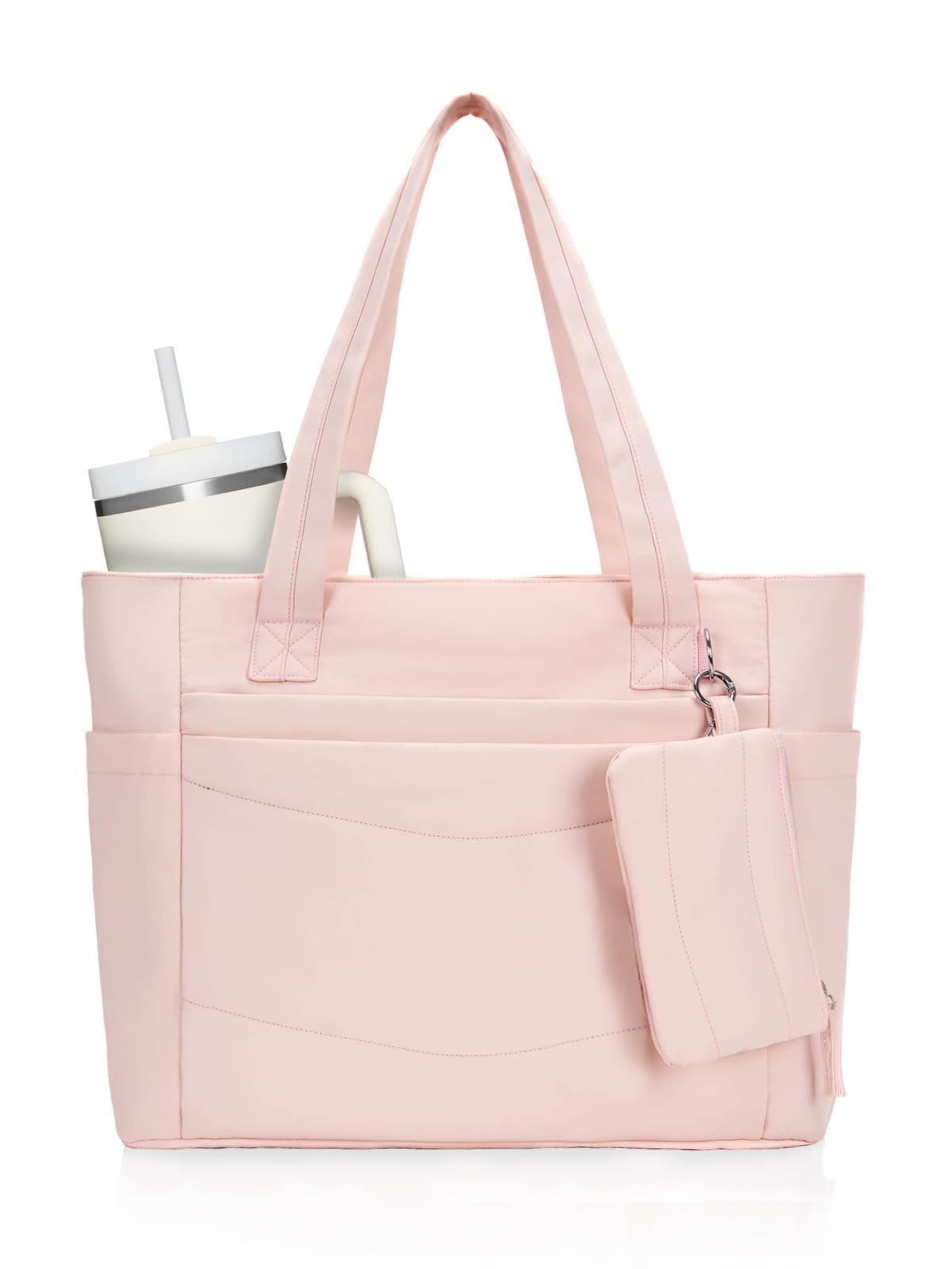 RHDZO Tote Bag for Women with 15.6″ Laptop Compartment and Cup Holder, Puffer 2pcs Work Tote Bag with Mini Pouch and Zipper, Pink, One Size