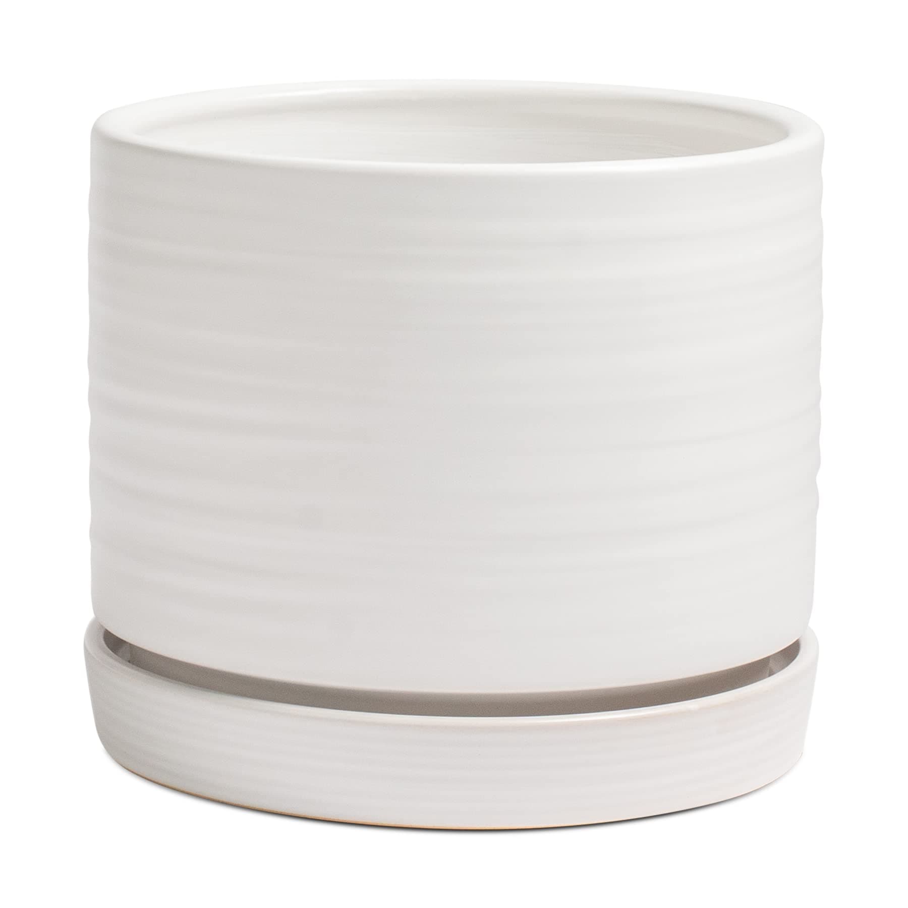 HERDUK 8 Inch Pots for Plants, Ceramic Planter Pot with Drainage Hole & Saucer, Indoor/Outdoor Cylinder Round Planter Pot, Matte White