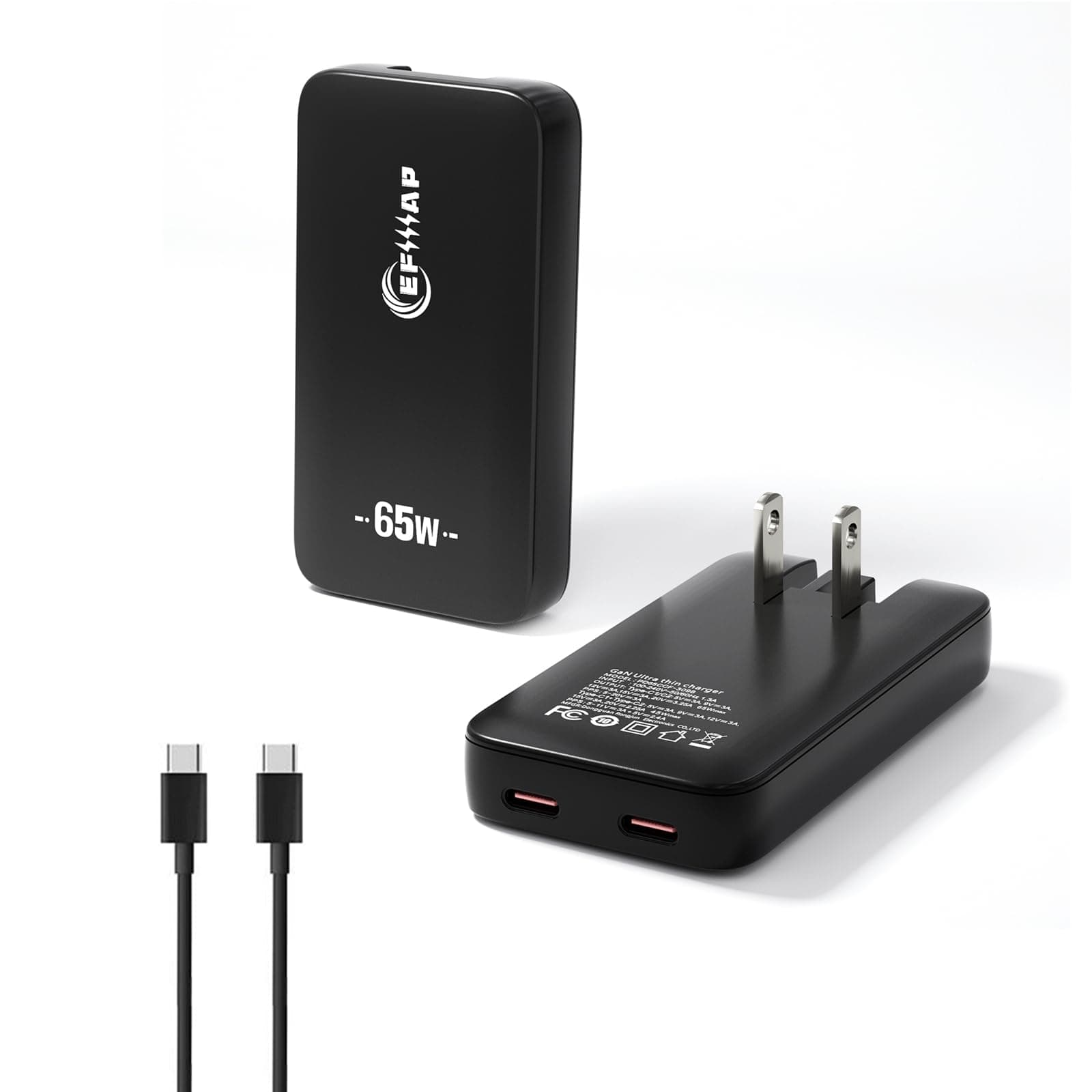 Flat Dual-Port USB C Wall Charger, 65W USB-C Slim Block Fast Charging with Foldable Plug for iPhone 16/15, Pro Max/Samsung Galaxy Models,Includes 3.28ft Fast Charging Cable (Black(Cable))