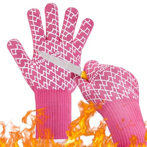 HandLove Aramid Heat Resistant BBQ Gloves – Oven & Grilling Gloves with Fingers, Silicone Grip & Long Cuffs for Cooking, Baking, and Outdoor Barbecue – Pink, Small