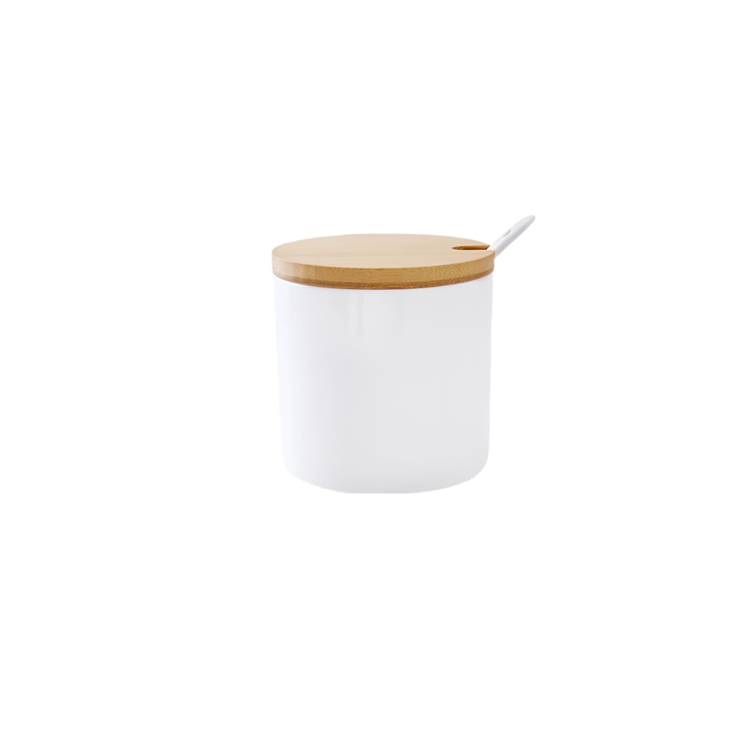 YORROR 300ml White Ceramic Sugar Bowl Salt Bowl,Porcelain Condiment Jar Spice Container with Bamboo Lids Spoon,Spice Jar Seasoning Condiment Pot Honey Jar for Home Kitchen