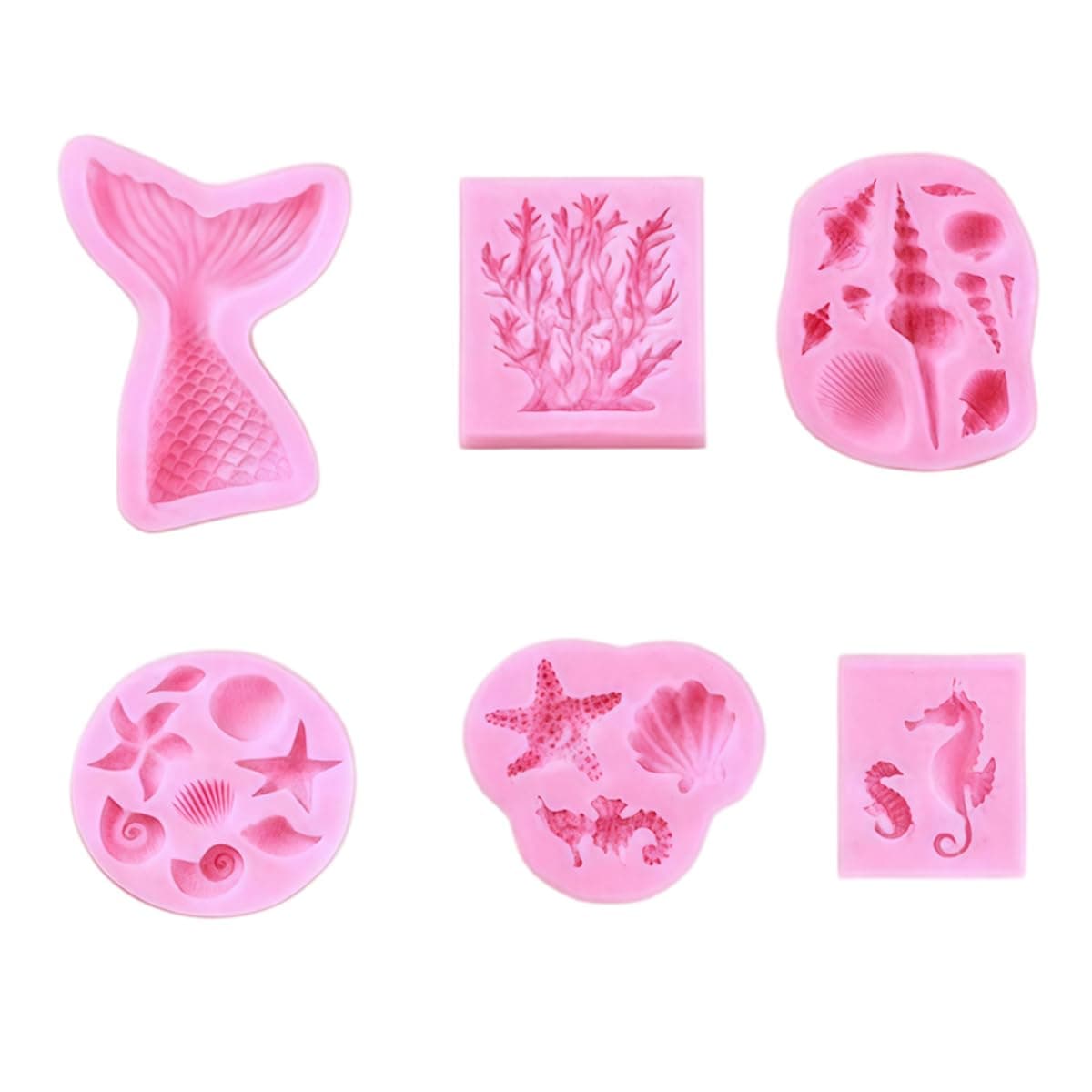 Ocean Theme Silicone Fondant Molds Set, Mermaid Tail Starfish Seahorse Seashell Coral Cake Decorating Molds, 6 Pack