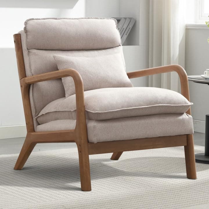CANMOV Mid Century Modern Accent Chair with Lumbar Support Pillow, Upholstered Arm Chair with with Solid Wood Frame & Soft Cushion for Small Spaces, Living Room, Bedroom, Balcony, Beige