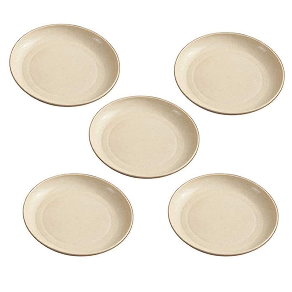 5 Pack Wheat Straw 6 Inch Plates, Small Dinner Plates, Round Dishes with Raised Edge, Reusable Salad Plates Set, Unbreakable Appetizer Dessert Serving Plates for Party (Beige)