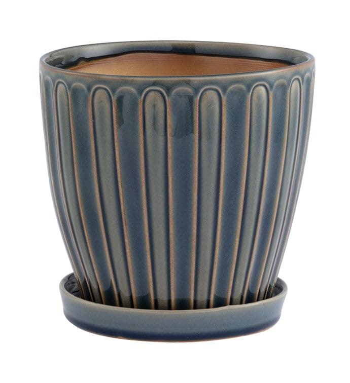 Napco Artisan House Plant Succulent Herb Flower Pot with Drainage and Saucer – Large 7.5 x 7.5 Inch Ceramic Dusty Blue Ribbed Fluted Design, Minimalist Accent for a Calm and Balanced Home Décor