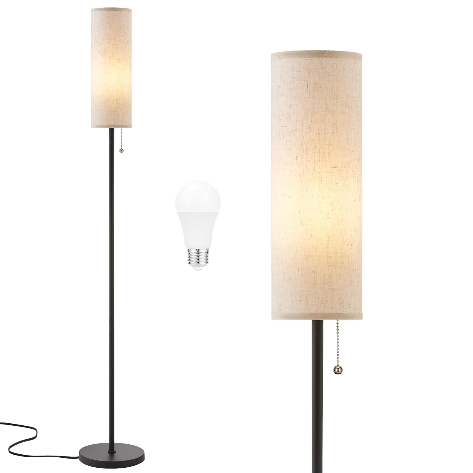 Ambimall Floor Lamps for Living Room with Bulb - 64'' Standing Lamp with 3 Color Temperature, Beige Lampshade & Pull Chain Switch, Pole Lamps for Bedrooms Tall, Minimalist Floor Lamp