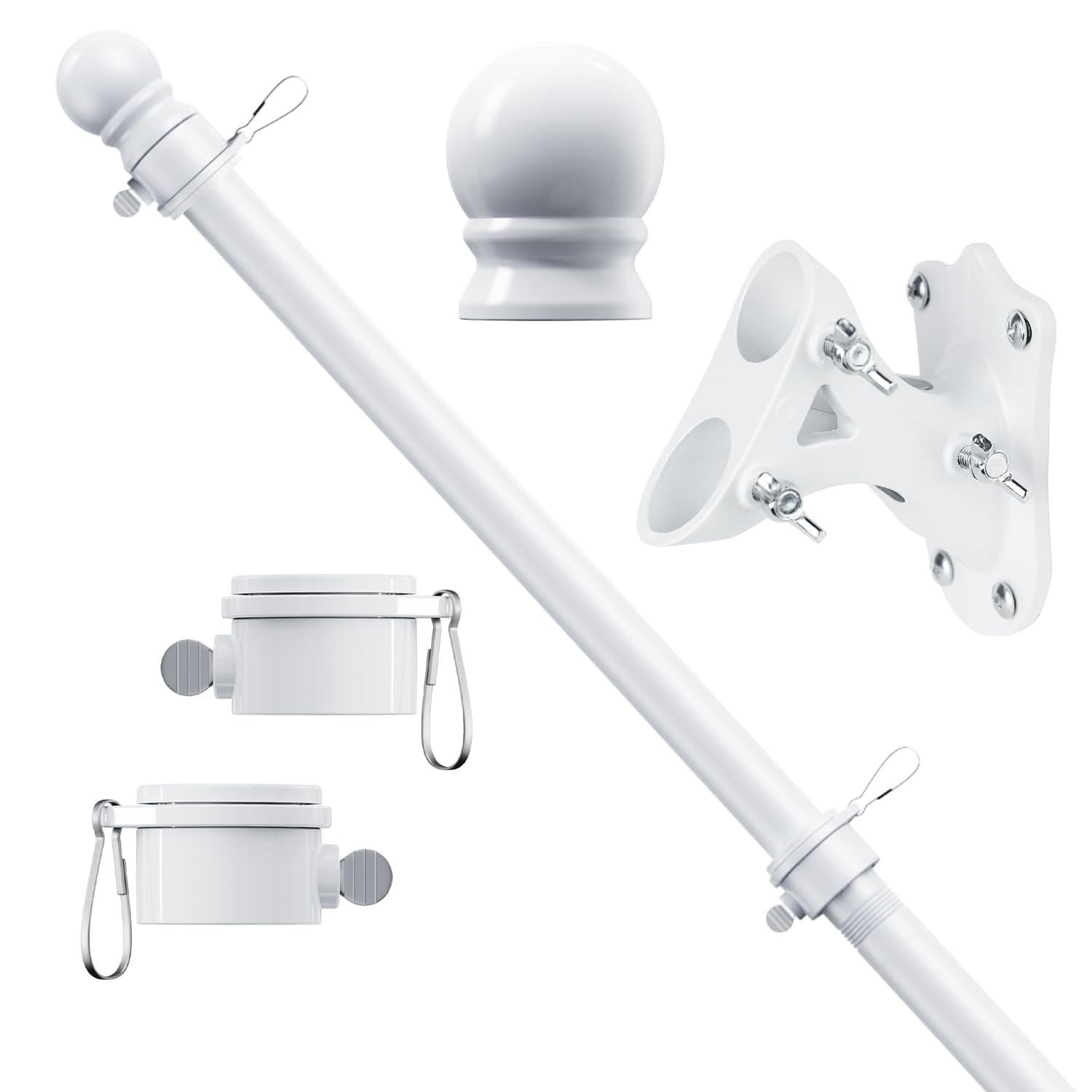 ESTTOP 5 FT Flag Pole Kit, Tangle Free Spinning Weather Resistant Rustproof Stainless Steel Flagpole with Base for 3x5 Heavy Garden Flag 1" Dia Flag Pole for Outside House, Wall (with Bracket, White)