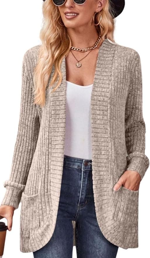 TANMESSO Women’s Long Sleeve Open Front Cardigan - Ribbed Knit Draped Casual Sweater with Pockets (khaki,XXL,XXL,Regular,Regular)