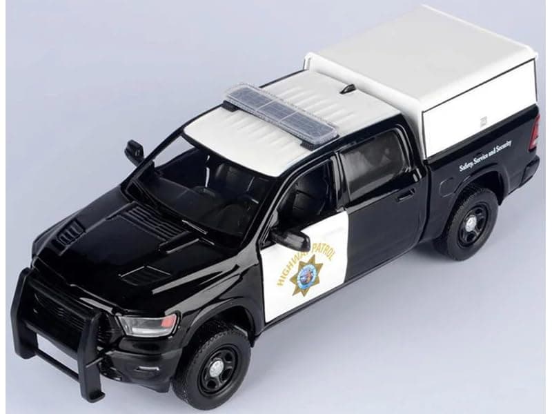 2019 1500 Crew Cab Pickup Truck California Highway Patrol Black and White with Truck Bed Camper Law Enforcement and Public Service Series 1/27 Diecast Model Car by Motormax 76997