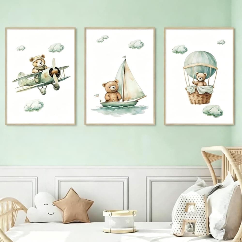 3 x Baby Bear Poster 30 x 40 cm Green Teddy Bear Canvas Wall Decoration for Children Bedroom Baby Girl Boy Poster Deco Bedroom Girl Child Gift Unframed