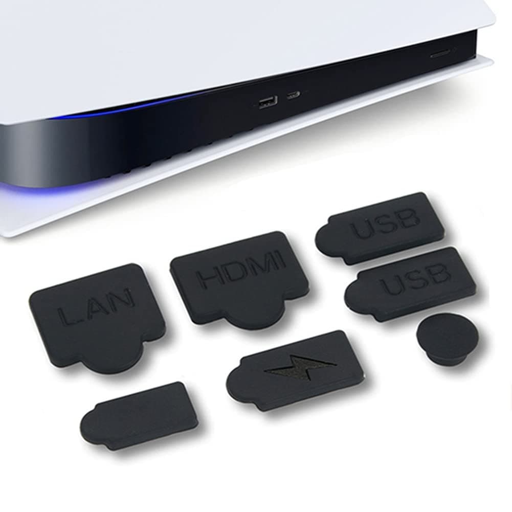 7 Pieces Silicone Dust Plugs Compatible with Ps5 Digital & Disc Edition Console Dust Cover, USB HDMI Interface Type A/C LAN Port Dustproof Protector Plug, Repair Spare Parts Accessories Kit-Black(A)
