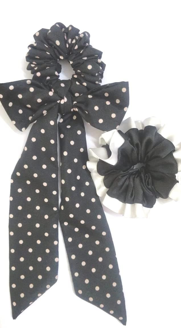 IBDA Dual Tone Trim Satin and Polka Dot Black and White Knotted Hair Ties, Handmade with Bobble Hair Band,Head Accessories (Adjustable Size) Pack of 02.