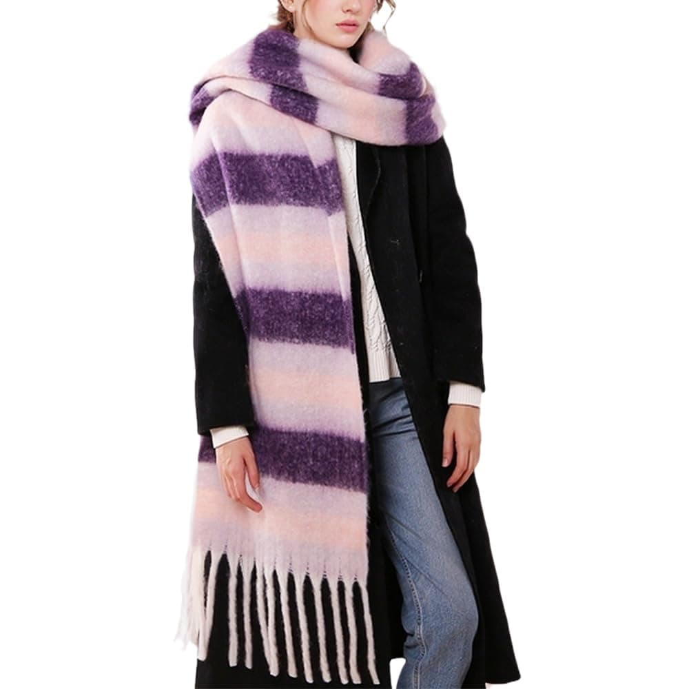 OUNIYA Big Chunky Colorful Scarf Large Checked Chunky Scarf for Women, Purple band, L