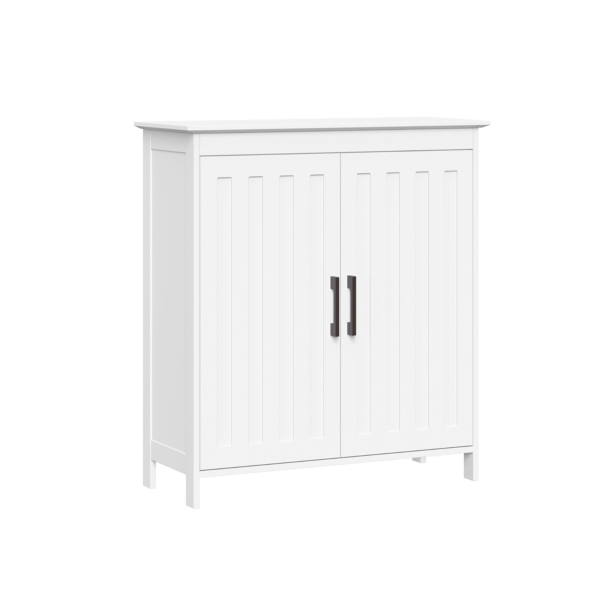 RiverRidge Monroe Two-Door Floor Storage Cabinet - Bathroom Storage Cabinet with Adjustable Shelves - Soft-Close Cabinet Doors White Finish with Matte Black Handles