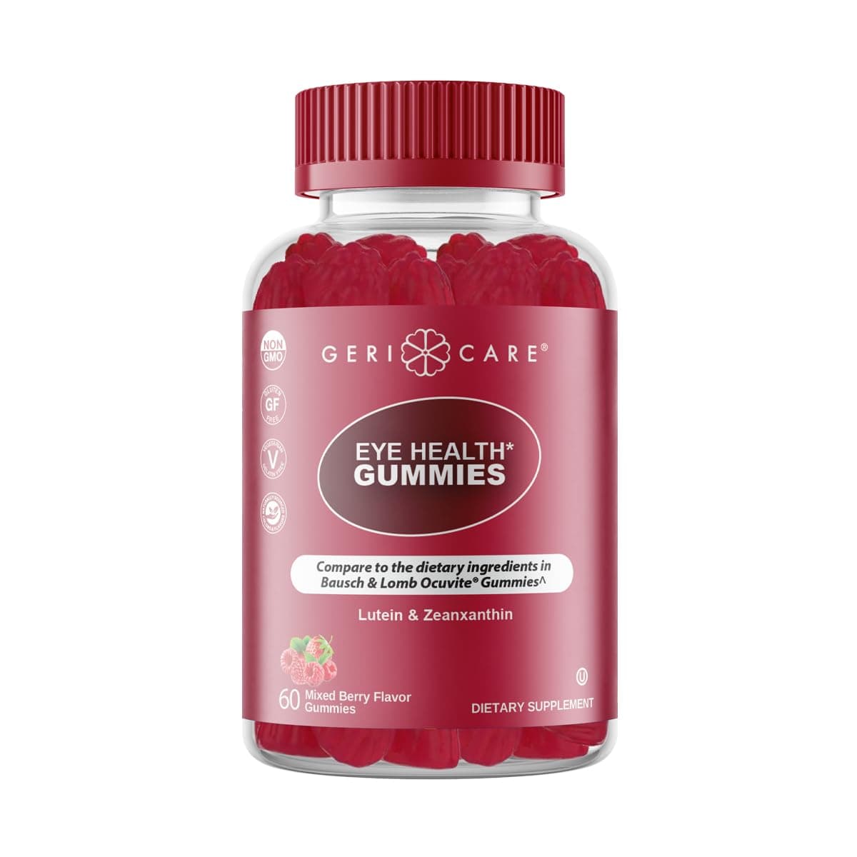 GeriCare Eye Support Gummies, Compare to Bausch and Lomb Ocuvite Gummy, Lutein & Zeaxanthin Vision Health Supplement, Naturally Sourced, Plant-Based, Non-GMO, Gluten-Free, 60 Chewable Berries Gummies
