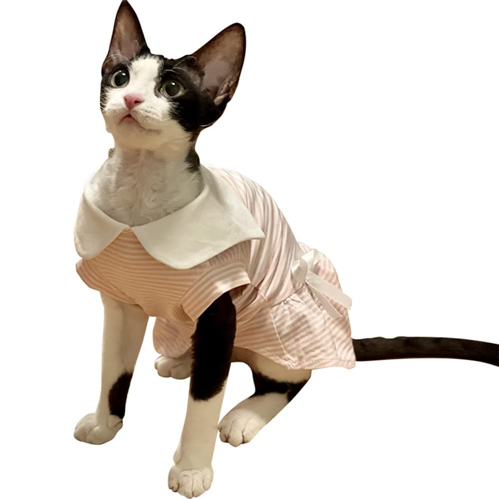 Sphynx Cat Clothes Navy Style Sailor Fashion Cat's Dress Shirts Kitten Shirts Comfort Breathable Spring Summer Girly Skirt Cat Apparel for Sphinx, Cornish Rex, Devon Rex, Peterbald (XXL,Pink)