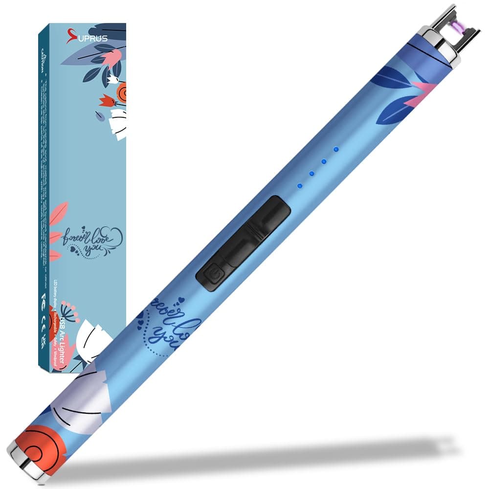 SUPRUS Candle Arc USB Type C Lighter Electric Lighter with Upgraded LED Battery Display Safety Switch Rechargeable Flameless Plasma Windproof Portable for Mother‘s Day (Blue)