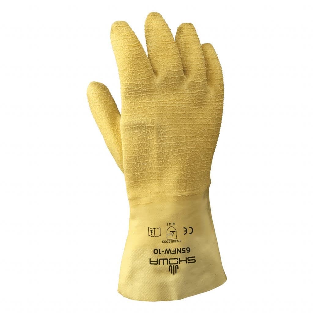 SHOWA 65NFW General purpose natural rubber fully-coated 12" gauntlet cuff, yellow, wrinkle-finish, Medium (Pack of 12)