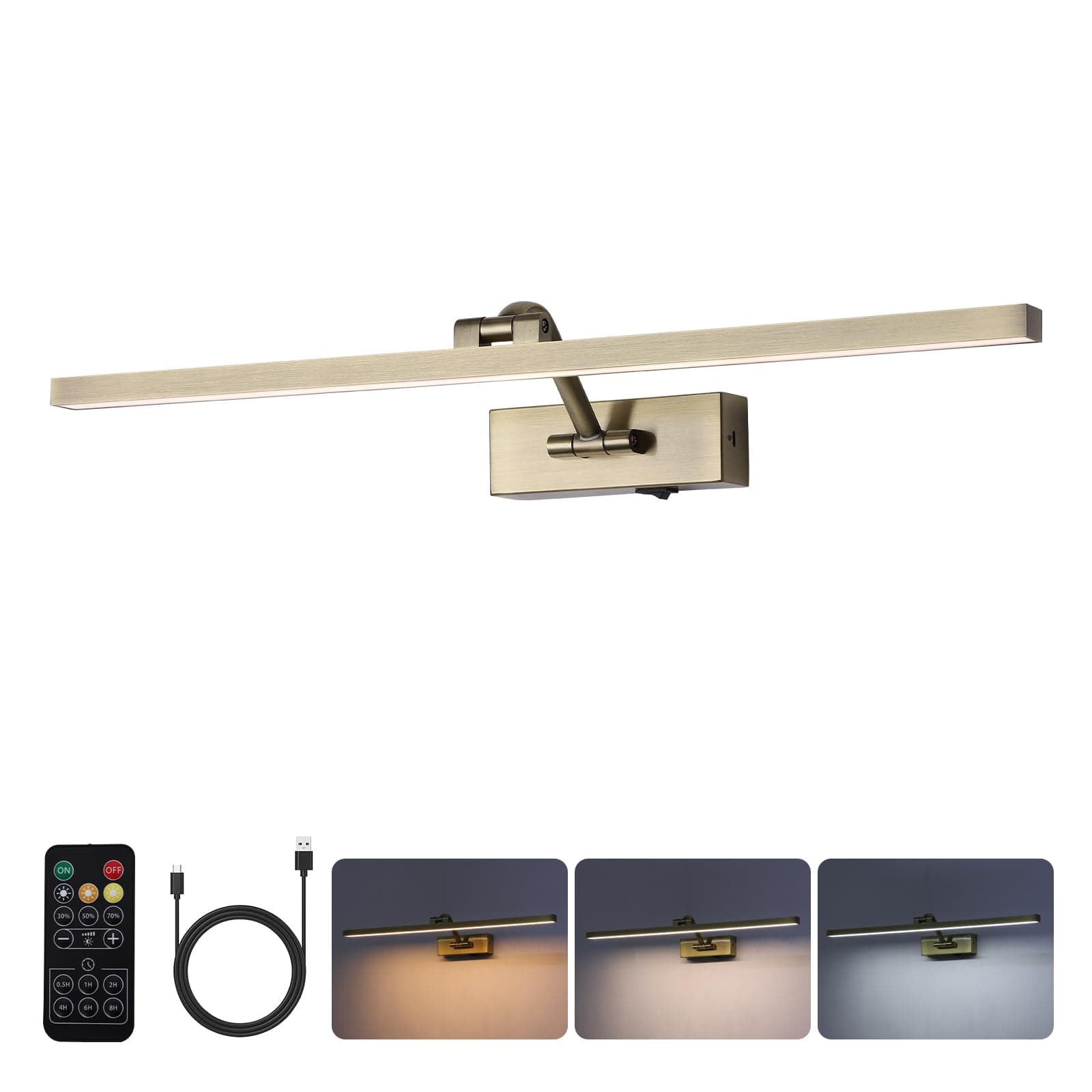 BRIVOLART 10000mAh Picture Light Battery Operated,23.6In Antique Bronze Wireless Rechargeable Picture Light 3 Colors Dimmable Art Light with Remote Timer for Paintings,Gallery