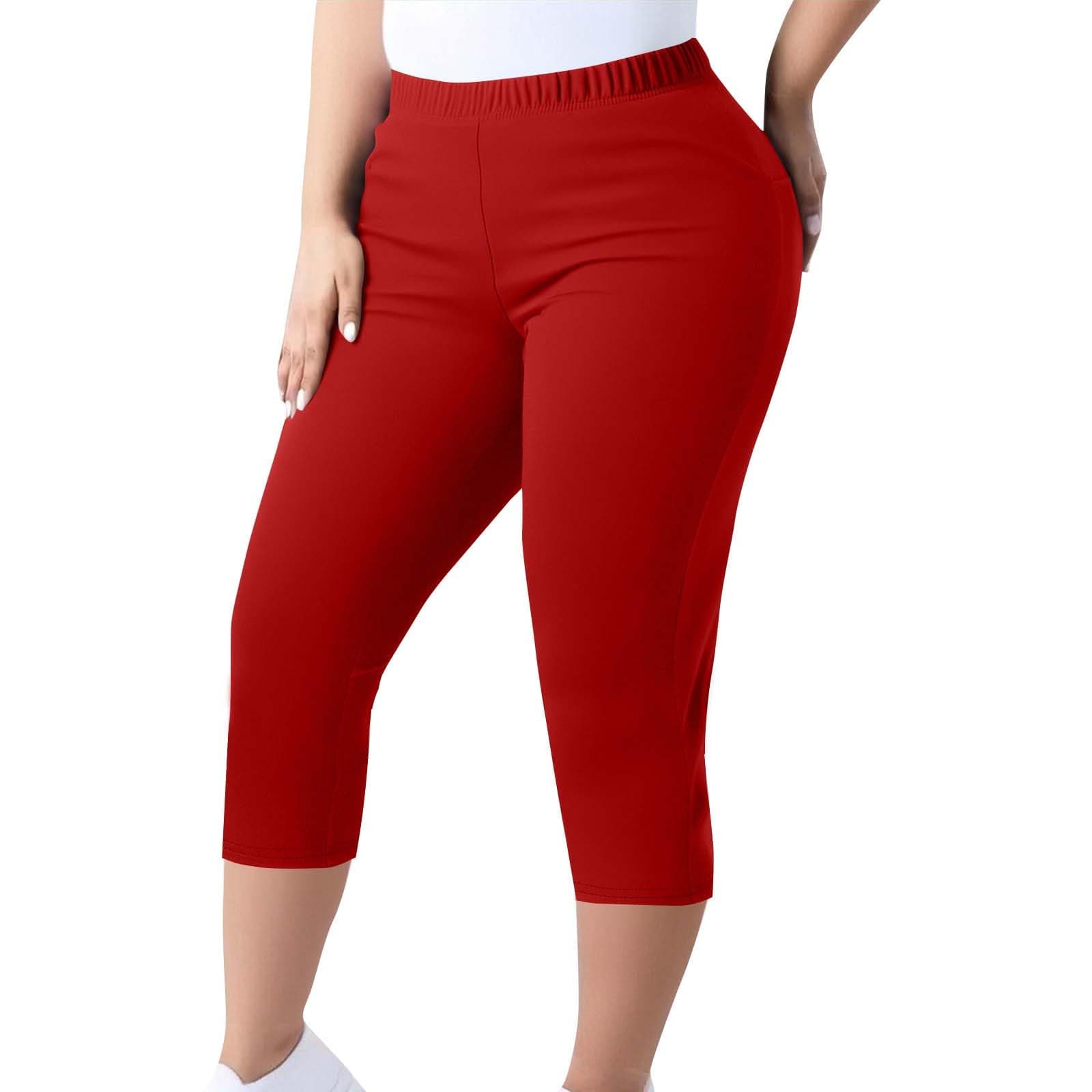 Bacrelax Capri Leggings for Women Plus Size Stretch Knee Length Pull On Capris Elastic Waist Casual Slim Fit Workout Pants Red