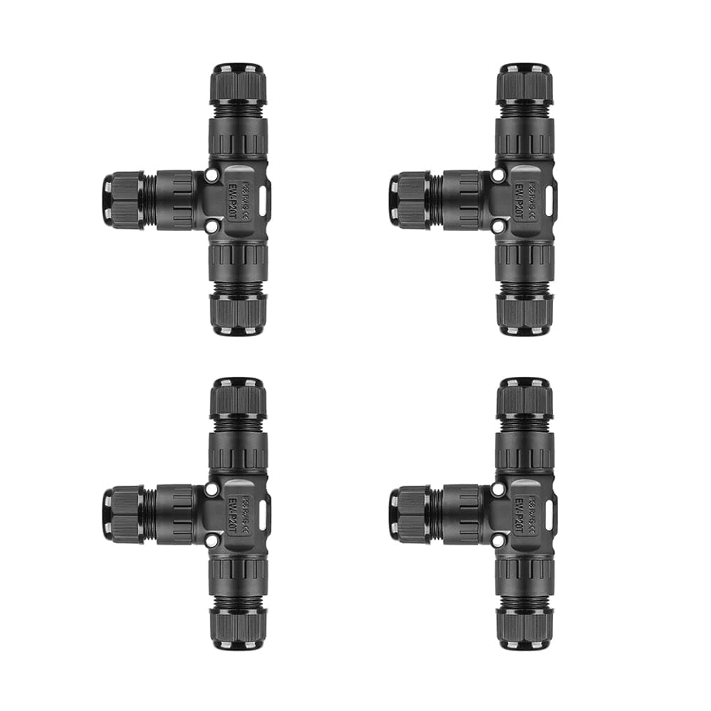 T-Type Quick Wire Connector with Screw Free IP68 Waterproof Junction Box, Three-Way Cable Extension Cable Connector UL TUV SAA CE ROSH Certification (3Pin, 4pack)