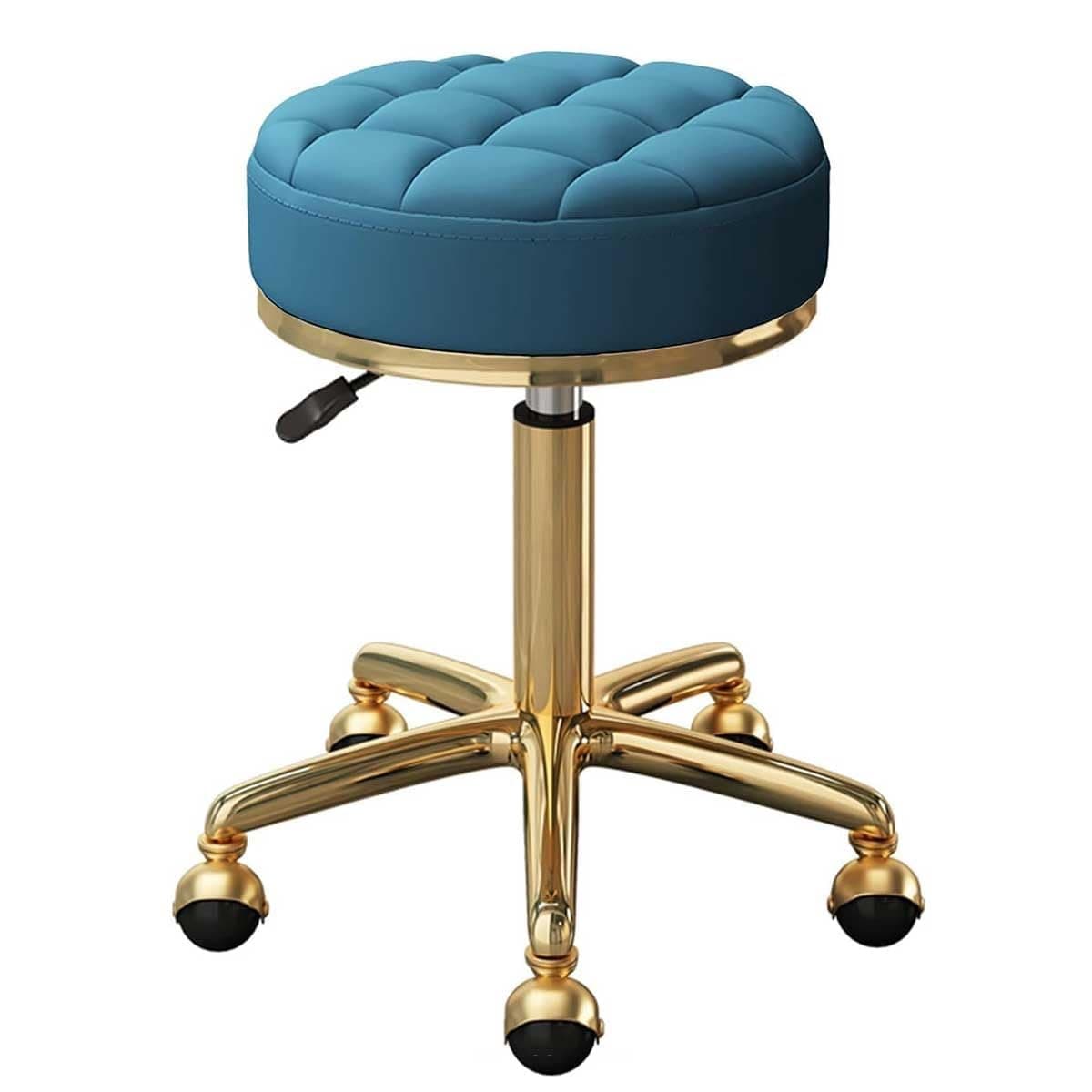 Rolling Bar Stool Round Swivel Chair Adjustable Beauty Salon Counter Work Stool, Metal Titanium Gold 5 Claws with Wheels (Color : Blue)