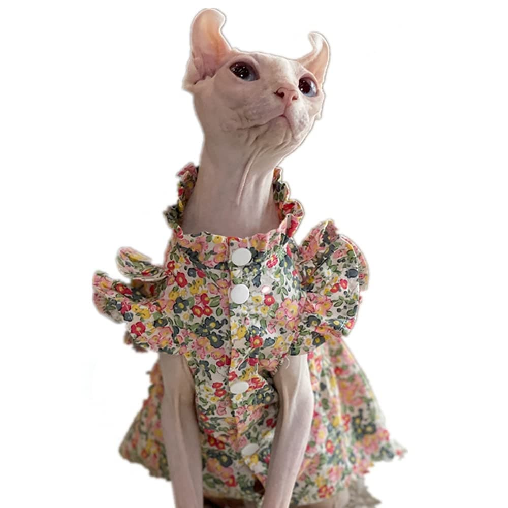 WCDJOMOP Hairless Cat Clothes - Breathable Summer Cotton Puff Sleeve Floral Dress Romantic Girly Skirt Elegant Soft Princess Dress for Sphynx, Cornish Rex, Devon Rex, Peterbald Cat (L-,Floral)