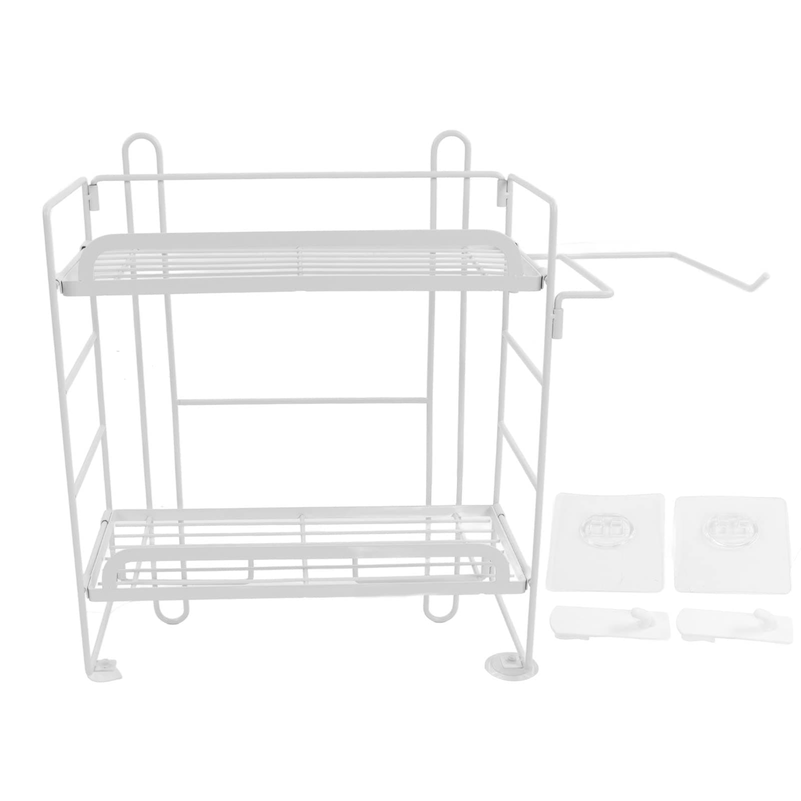 Miokycl Toilet Storage Shelves Iron Wall Mounted 2 Layers Foldable Grid Home Decoration with Hooks for Bathroom (White)
