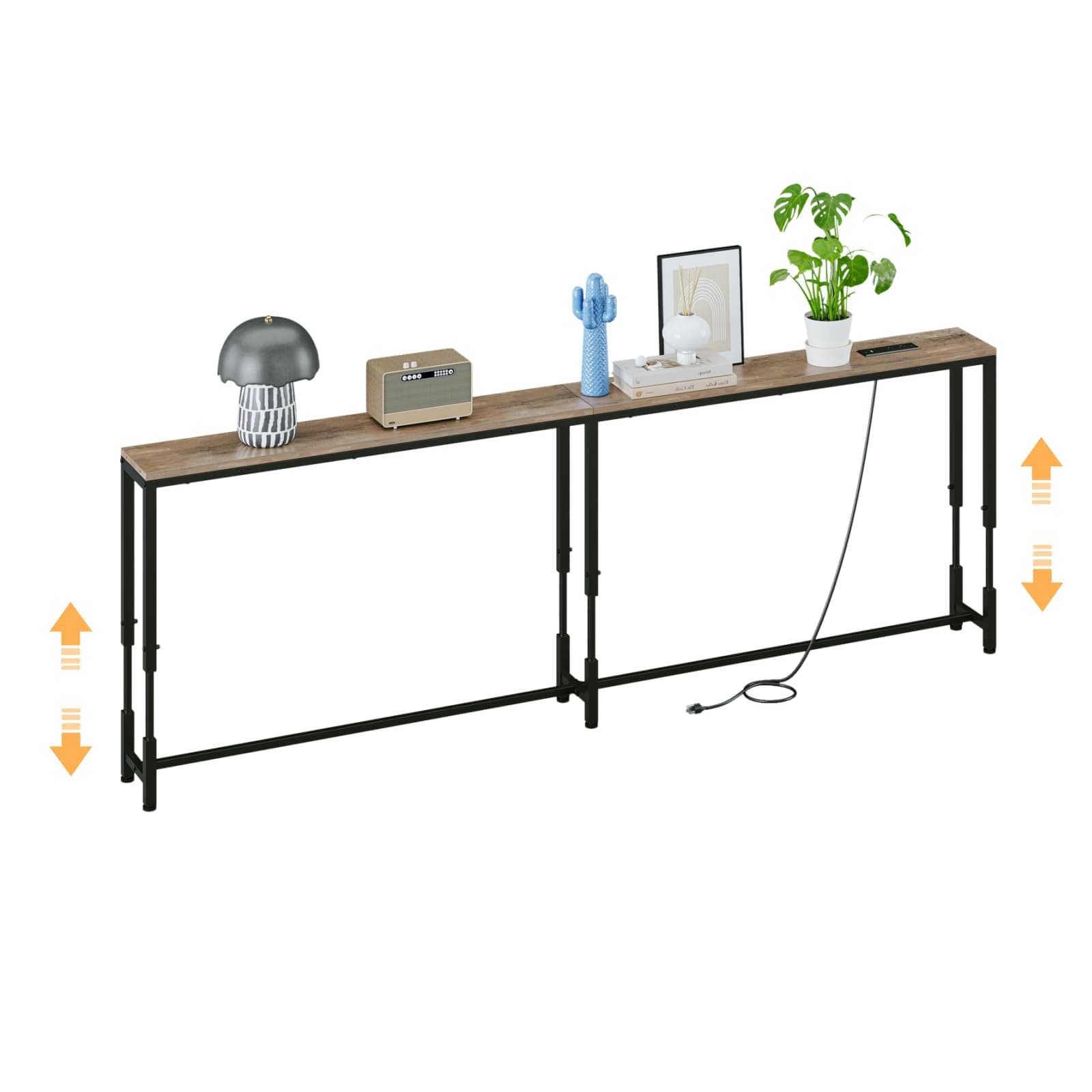 FLORIHOMA 220CM Behind Couch Table Adjustable Height 60.5~88.5CM with Charging Station, 15CM Narrow Console Table Skinny, Anti-Collision Pads, Anti-Tipping Kit for Living Room, Oak