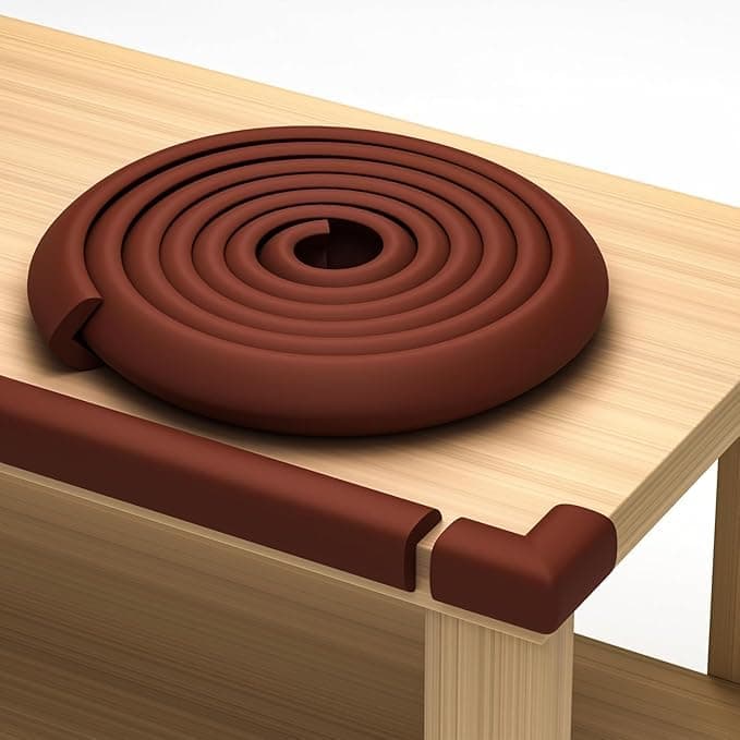 Furniture Edge and Corner Guards | 4.5m Soft Protective Foam Cushion Bumper & 4 Adhesive Childsafe Corners | Baby Child Proofing Set Nontoxic and Safe for Table, Fireplace, Countertop | Brown